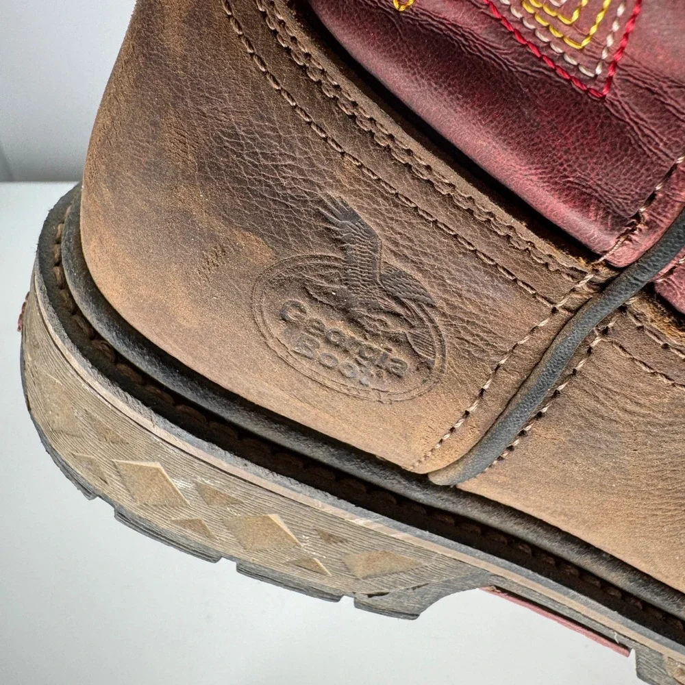 Georgia Boot Carbo Tec Western Work Boot Kids 6.5M Brown Red Pull On Square‎ Toe